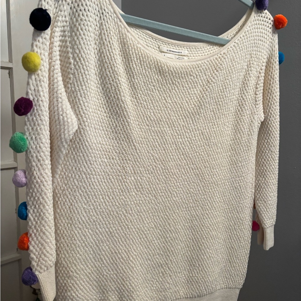 Anthropologie Cream Knit Sweater with Multicolor Pom-Pom Trim